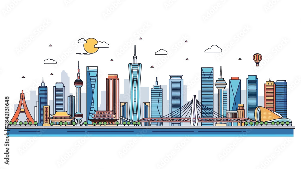 Fototapeta premium Vibrant vector art illustrating a modern urban skyline with skyscrapers, a bridge, and green spaces, ideal for travel, architecture, and city life