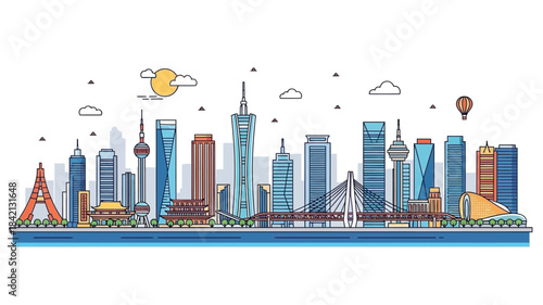 Vibrant vector art illustrating a modern urban skyline with skyscrapers, a bridge, and green spaces, ideal for travel, architecture, and city life