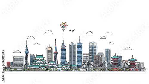 Modern city skyline line art illustration. Vibrant cityscape with skyscrapers, urban park, river, bridge, airplane, and balloons. Dynamic panorama