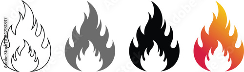 Four flame in different colors and styles on white background fire black