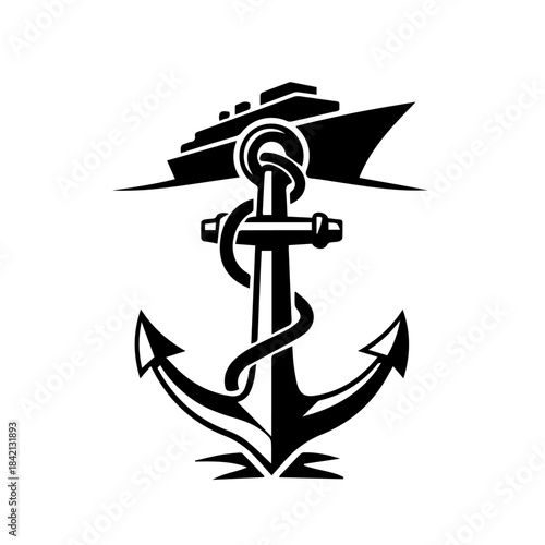 Anchored Voyage: A stylized representation of an anchor, symbolizing steadfastness, stability, and maritime heritage, paired with a cruise ship, conjuring images of travel, exploration.