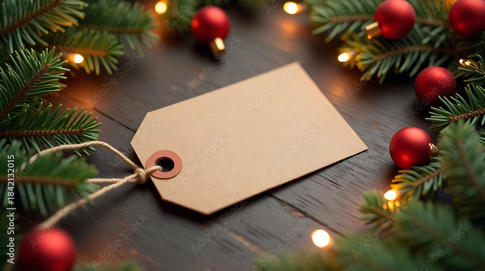 Obraz premium Blank kraft gift tag on dark wooden table with Christmas fir branches lights and red baubles