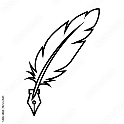Vintage Quill Pen Silhouette: A detailed pen feather illustration, a timeless symbol of literature and artistry, captured in elegant black and white.