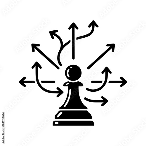 Strategic Chess Pawn: A minimalist vector illustration of a chess pawn at the center, radiating arrows in multiple directions, representing strategic choices and decision-making pathways.