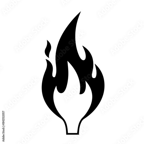 Blazing Inferno: a minimalist graphic of powerful flame, an emblem of energy and transformation. A black flame ignites, illustrating heat and intense power.