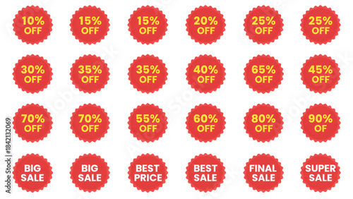 Wallpaper Mural “Discount Percentage Badges Stack – Sale Tags with 10% to 90% Off, Colorful Discount Labels”

 Torontodigital.ca