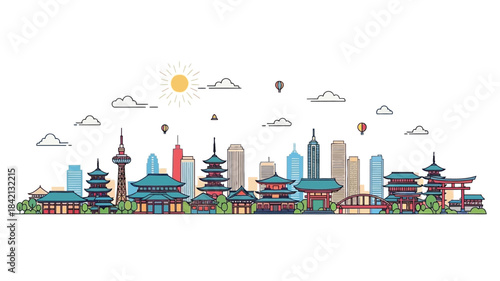 Vector illustration of a modern cityscape with diverse architectural landmarks, hot air balloons, and an aircraft, symbolizing urban development and travel