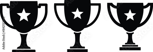 Three black trophy cups with white stars on a white background trophies awards
