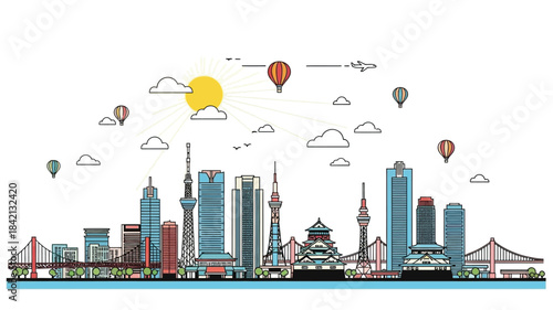 Vibrant city skyline illustration with diverse architecture under a bright sky with hot air balloons and airplanes