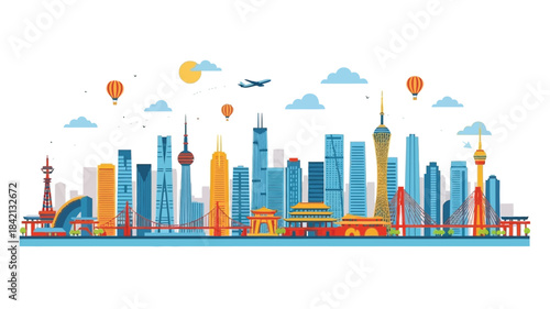 Modern City Skyline Illustration with Tall Buildings, Bridges, and Flying Airplanes under a Sunny Sky