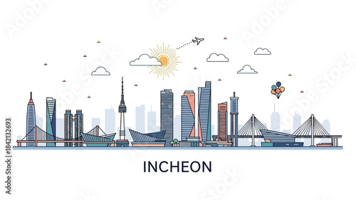 Modern urban cityscape illustration showcasing a vibrant skyline with diverse architecture, bridges, and waterways, symbolizing travel and dynamic global city life and development