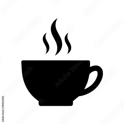 Vector illustration of a hot coffee mug icon with steam, symbolizing a warm espresso drink or tea beverage for a cafe breakfast break