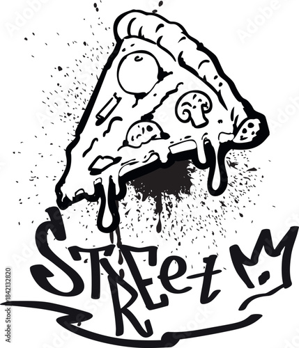 Graffiti with a piece of pizza, cheese, mushrooms, paint splashes, drips, text, "street", crown.