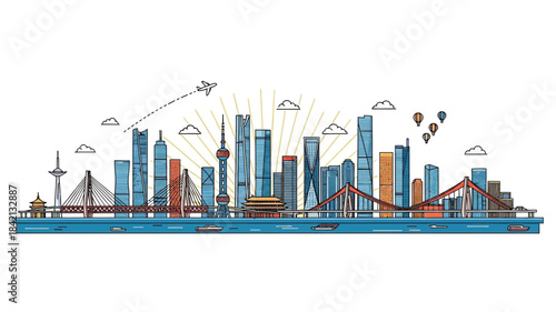 Vibrant urban metropolis skyline illustration showcasing modern architecture, towering skyscrapers, and various modes of travel under a bright sunny sky
