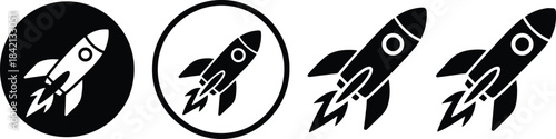 Rocket Icon Set – Minimalist Space Shuttle Silhouette, Space Exploration Vector Illustration