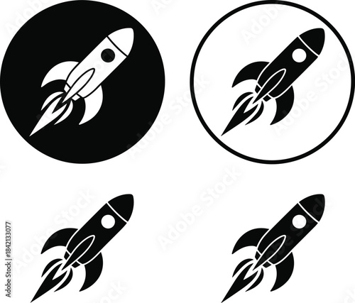 Rocket Icon Set – Minimalist Space Shuttle Silhouette, Space Exploration Vector Illustration