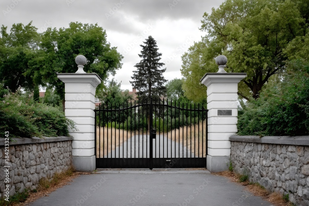 Naklejka premium Elegant black iron gate leading to private mansion