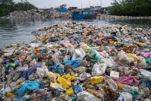 Wallpaper Mural Large pile of mixed waste including plastic filling a waterway in an urban area, highlighting the issue of pollution and environmental degradation Torontodigital.ca