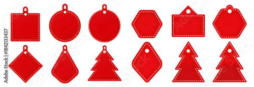Red Christmas sale tags set featuring holiday ornament icons like a bauble, heart, gift, and tree for new year card design