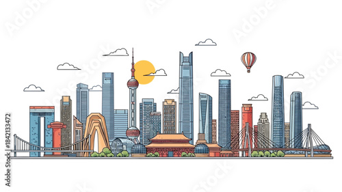 Vibrant Cartoon Cityscape Illustration with Modern Skyscrapers, River Bridge, and Scenic Mountain Backdrop under a Bright Sunny Sky - Dynamic Urban Panorama