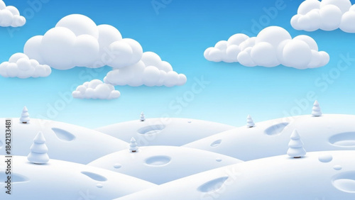 A cartoon or paper-cut style illustration of a winter landscape featuring smooth, white snowy hills with footprints, small snow-covered pine trees, and a bright blue sky with fluffy white clouds.