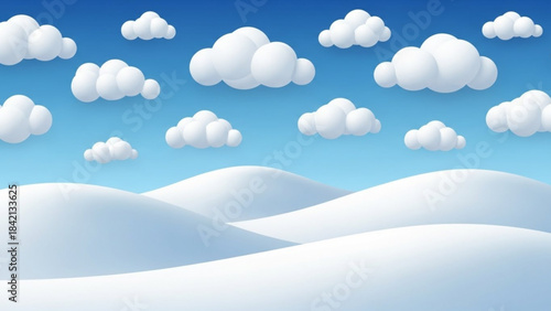 A cartoon or paper-cut style illustration of a winter landscape featuring smooth, white snowy hills with footprints, small snow-covered pine trees, and a bright blue sky with fluffy white clouds.