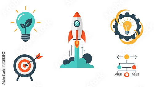 3D vector illustration concept of a space rocket shuttle launch set featuring technology icons and business web design symbols for a network