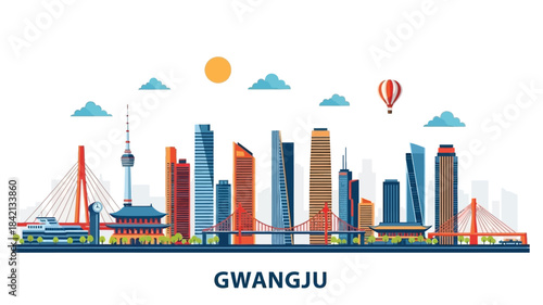 Vibrant City Skyline Panorama with Modern Skyscrapers, Traditional Architecture, and Scenic Bridges Under a Bright Sky, Capturing Urban Development and Travel Destination Charm