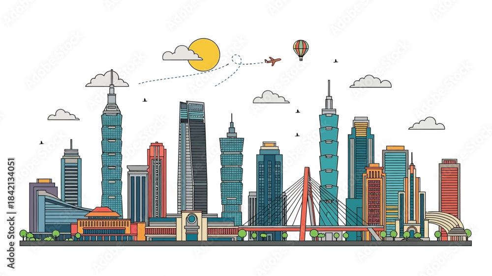Obraz premium Detailed Line Art Illustration of a Modern Metropolitan Skyline with Tall Skyscrapers, an Iconic Bridge, and an Airplane Flying Against a Bright Sky, Capturing Urban Development and Travel