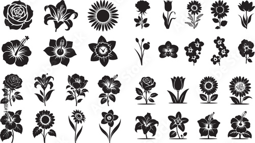 Collection of black silhouette flower icons botanical