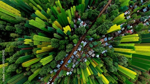 Aerial view of vibrant bamboo forest with homes