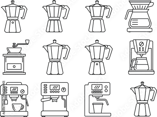Coffee Maker and Espresso Machine Icons – Isolated on Transparent Background Moka Pot Vector Set