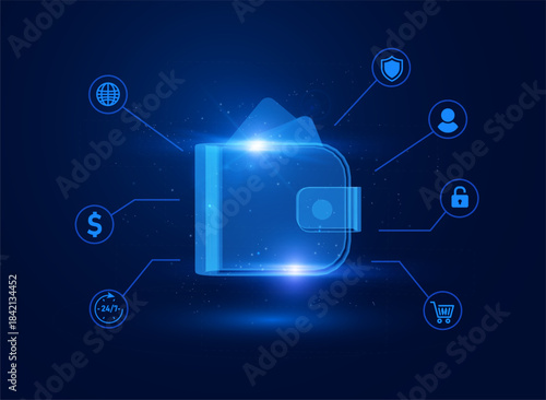 Digital wallet, glowing E-wallet, vector online payment, banking service application, mobile banking, money transaction