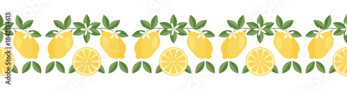 Seamless vector border with lemons, leaves and flowers. Mediterranean aesthetic. Design for wall stickers, kitchen apron decor, page borders or banners, textiles, stationery and packaging.