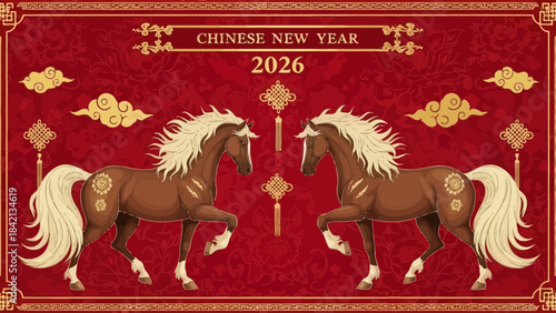 Chinese new year 2026 illustration of two brown horses with white manes on red background with gold accents and decorations