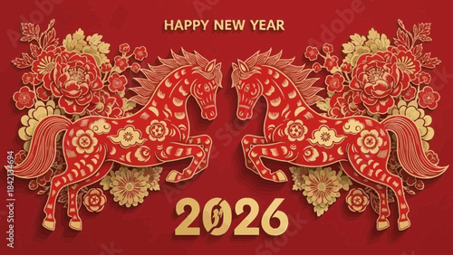 Happy new year 2026 red and gold horses with floral patterns on red background
