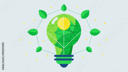 Green Eco Light Bulb with Plant – Sustainable Energy Innovation Polygon Line Art Vector Illustration