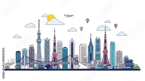 Dynamic line art illustration of a bustling global metropolis skyline, featuring diverse modern architectural landmarks, high-rise buildings, and a prominent bridge under a bright, sunny sky