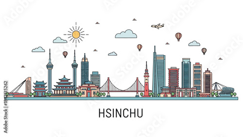Vibrant line art illustration of the Hsinchu city skyline in Taiwan, featuring iconic landmarks, modern architecture, and a dynamic urban landscape with colorful elements