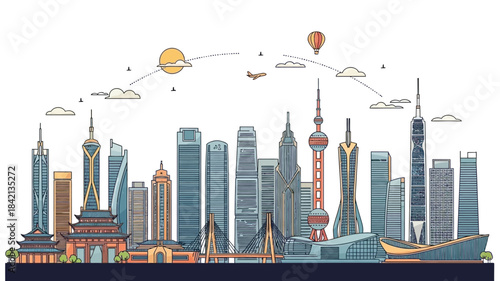 Vector illustration of a modern city skyline, showcasing skyscrapers, traditional architecture, and air travel, representing urban development and global connectivity