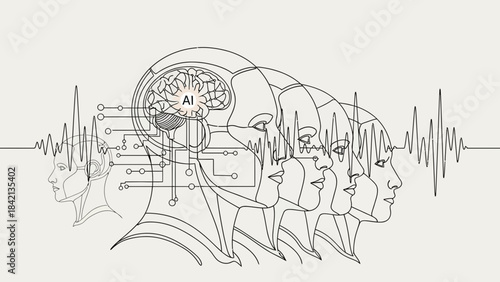 Conceptual line art depicting artificial intelligence evolution through layered human profiles and brain circuitry