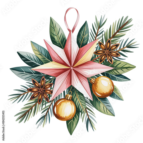Create stunning holiday designs with this festive star ornament and botanical elements against a black background