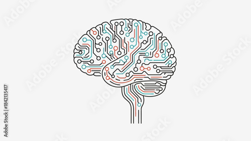 Abstract representation of a human brain structure integrated with digital circuit board pathways and technology