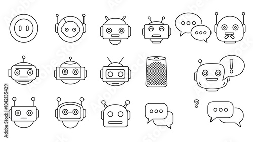 Collection of simple black line art icons representing various robot heads chatbots and communication bubbles