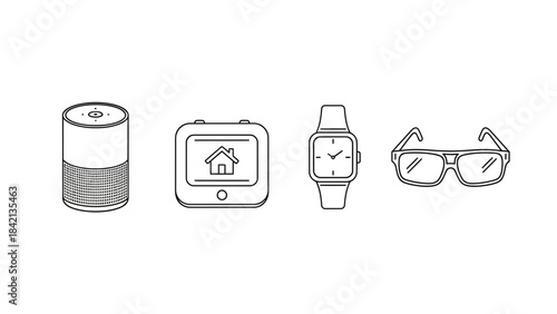 Collection of smart home and wearable technology icons including a speaker thermostat watch and glasses
