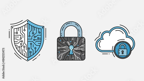 Digital security icons featuring a circuit board shield a complex padlock and a locked cloud storage concept
