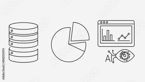 Data analysis icons representing database storage charts and artificial intelligence vision processing concepts