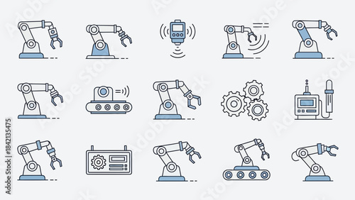 Collection of industrial robotic arm icons representing automation manufacturing and advanced factory technology systems