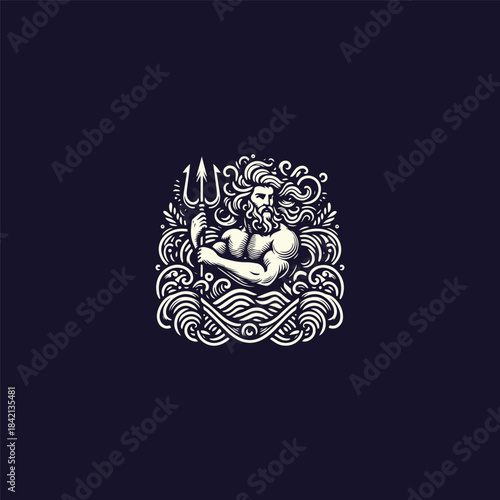 Poseidon logo template featuring a powerful sea god silhouette with a trident, strong vector lines, and a bold mythological style. Represents strength, authority, ocean power, and ancient mythology. S