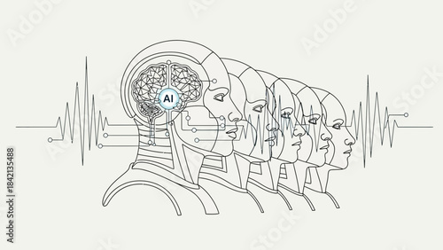 Conceptual line art depicting artificial intelligence evolution and human brainwave synchronization technology
